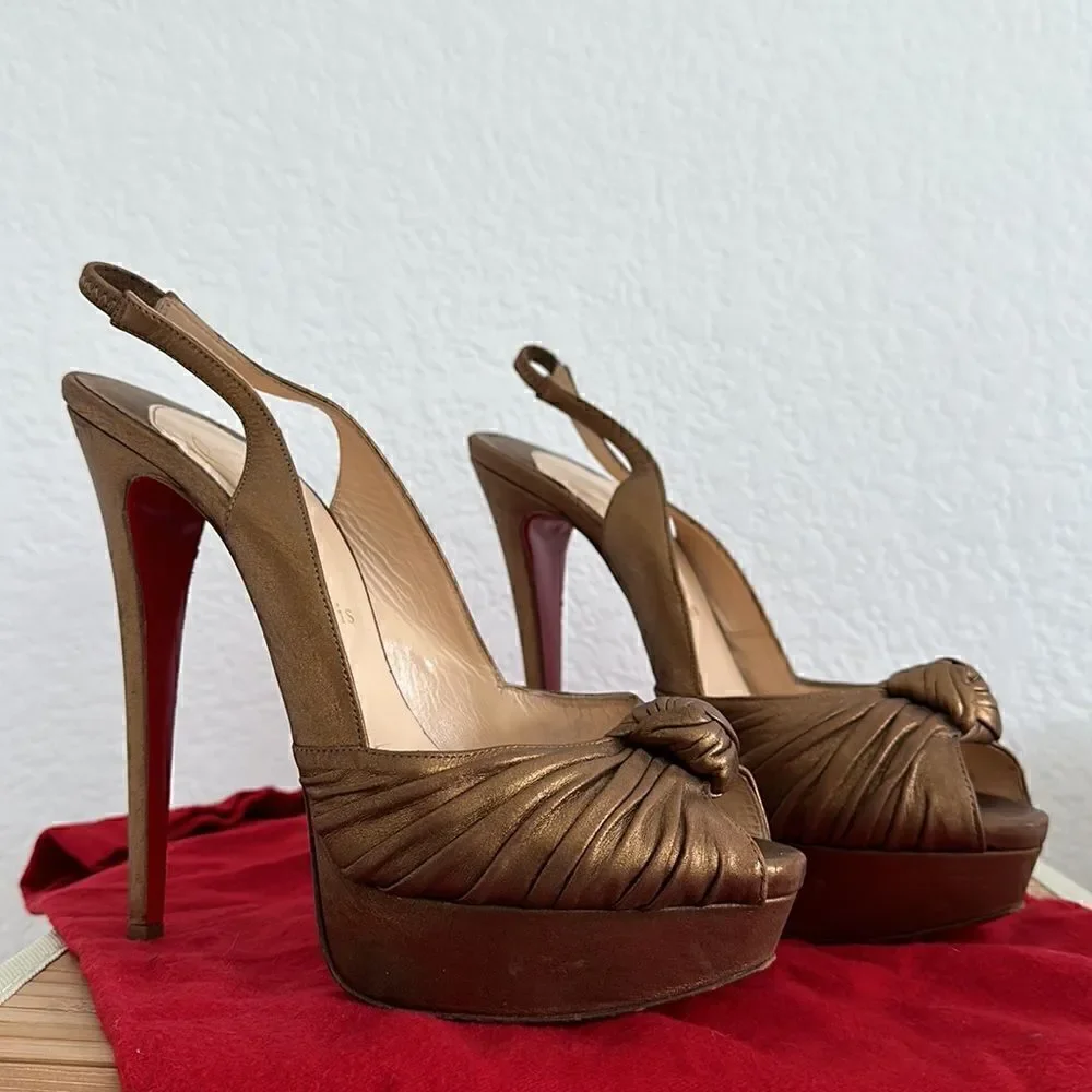 Christian Louboutin Peep Toe Golden Glam Bronze Leather Red Bottom Heels 40.5